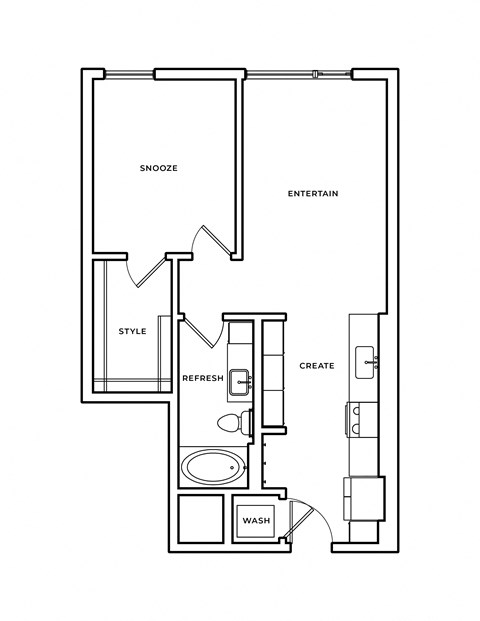 Floor plan for 1 bed, 1 bath, 674 sqft